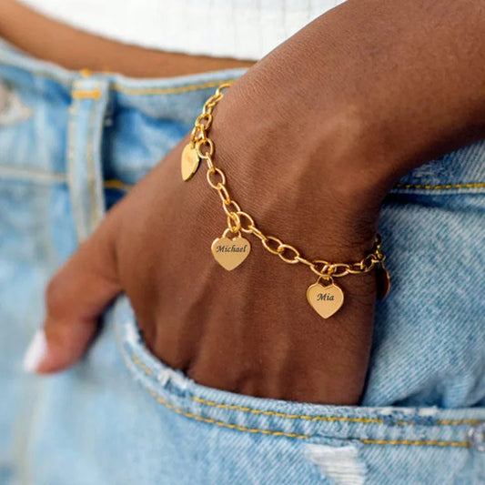Stainless Heart Charm Bracelet Engraved