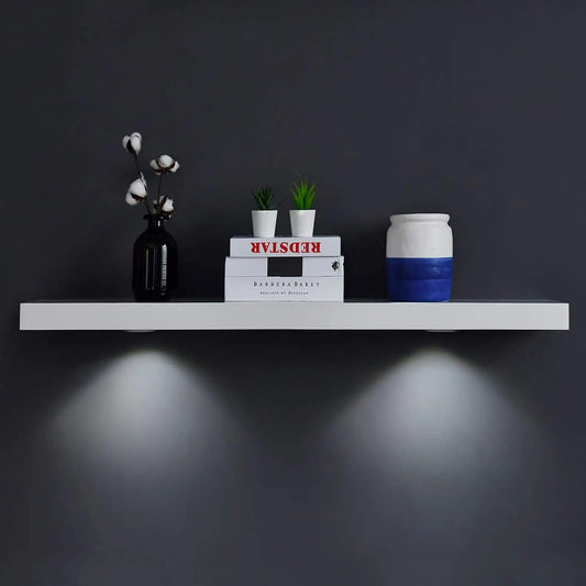 White Floating Shelf with Touch-Sensing Battery Powered LED Light