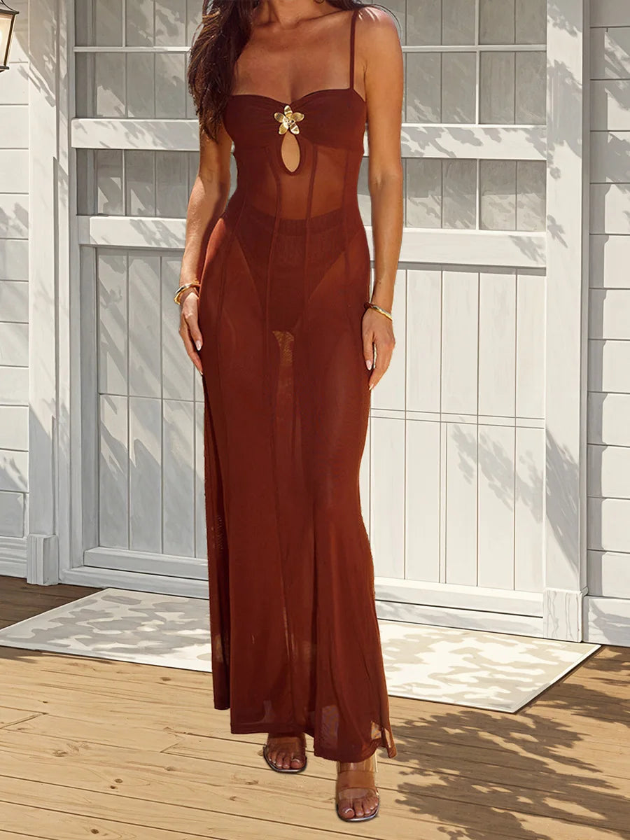 Elegant Lace Overlay Sleeveless Maxi Dress
